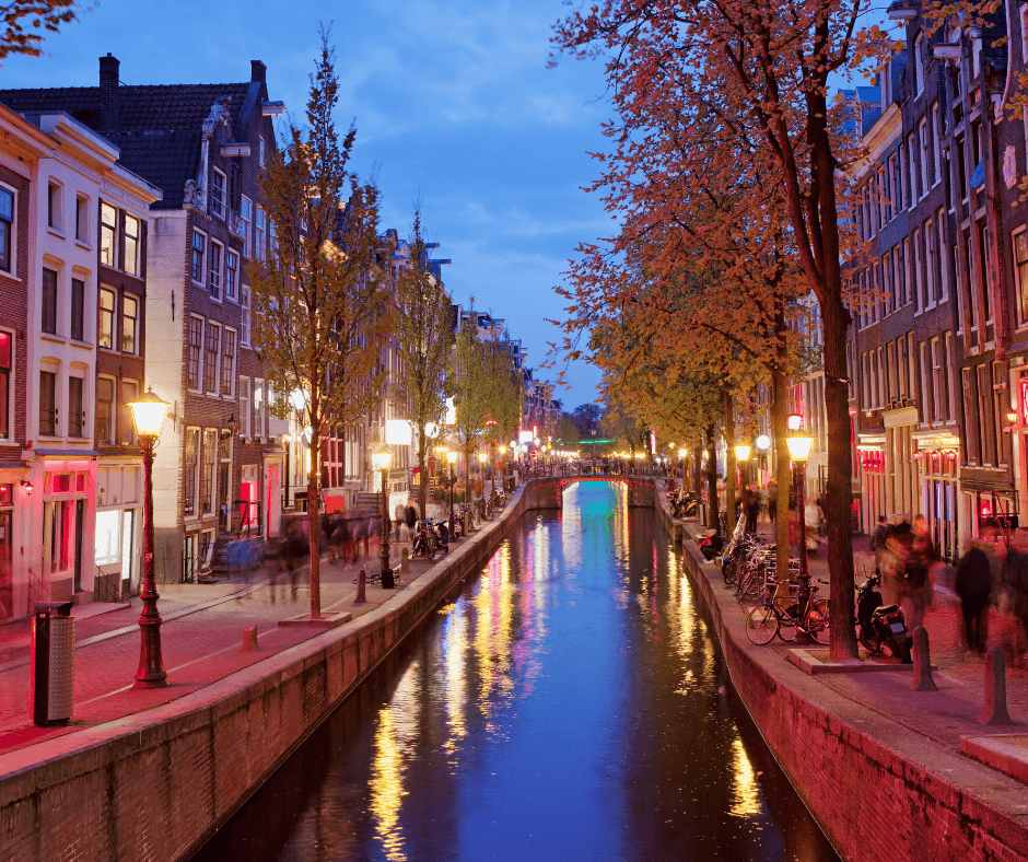 Canal in Amsterdam at dusk with trees and lights at either side of the canal.