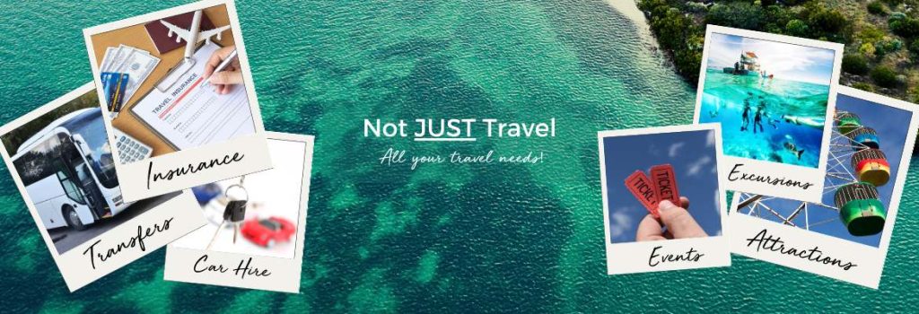 Shows an aerial view of the ocean with some trees to the right of the picture. There are six Polaroid style photographs overlaid to show the additional areas I can help with after flights and hotels. They are car hire (shows a car and car keys), transfers (shows a coach), excursions (shows people diving from a boat), attractions (shows an amusement park big wheel), events (shows someone holding tickets) and insurance (shows a travel insurance form and a passport, plane, money and credit cards). These are the areas I can help with as a Personal Travel Consultant.