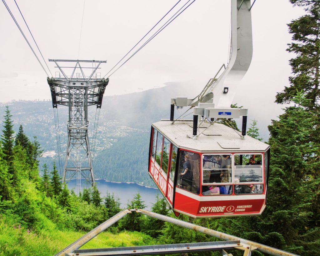 Grouse mountain with a cable car over gree tree tops and a lake with a snowy mountain the the background